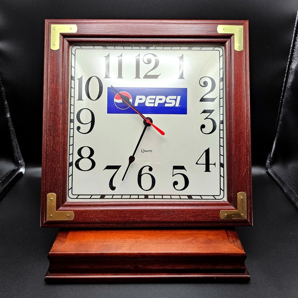 Vintage Pepsi Wall Clock w/ Cherrywood Frame & Matching Tablet/Phone Stand Works